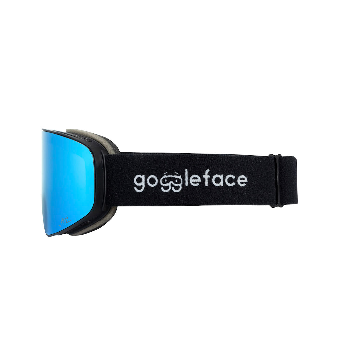 A pair of Straight Line | Black Snow Goggles from Goggleface, featuring a blue reflective lens and a black strap. The strap is designed with "Goggleface" written in white, along with a small drawing of goggles and a face between the words. Perfect for tackling the slopes, these side-viewed goggles ensure both style and functionality.