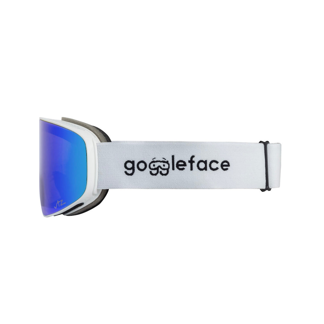 Side view of a pair of Goggleface Straight Line snow goggles with reflective blue lenses and a white strap. The strap features the brand name "Goggleface" in black text along with a small goggle icon. The frame is white with black accents, designed for performance on those straight-line descents.