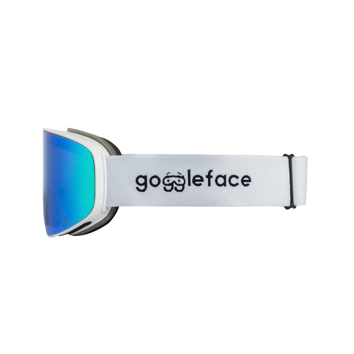 A side view displays the Straight Line | White pair of snow goggles from Goggleface, featuring a white frame and blue-tinted lenses. The white strap is adorned with the text "Goggleface" and incorporates a goggle icon into the first "o".