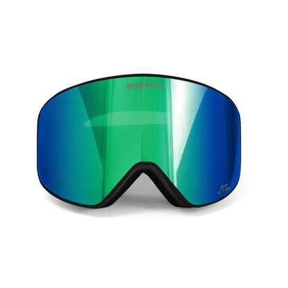 Introducing the Straight Line | Black snow goggles, a pair of sleek, modern goggles with a reflective blue-green lens designed for the slopes. The black frame complements the slight gradient effect on the lens, while the brand name "Goggleface" is subtly printed on the upper part.